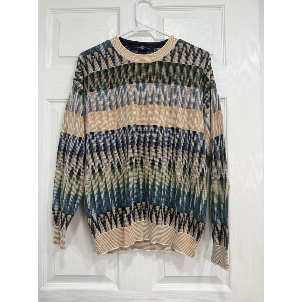 Cotton Traders Mens Medium Geometric Knit Crewneck Sweater Tan Blue Green Cotton